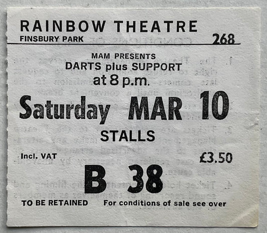 Darts Original Used Concert Ticket Rainbow Rheatre London 10th Mar 1979