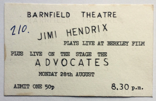 Jimi Hendrix Advocates Original Concert Ticket Barnfield Theatre Exeter 28th Aug 1972