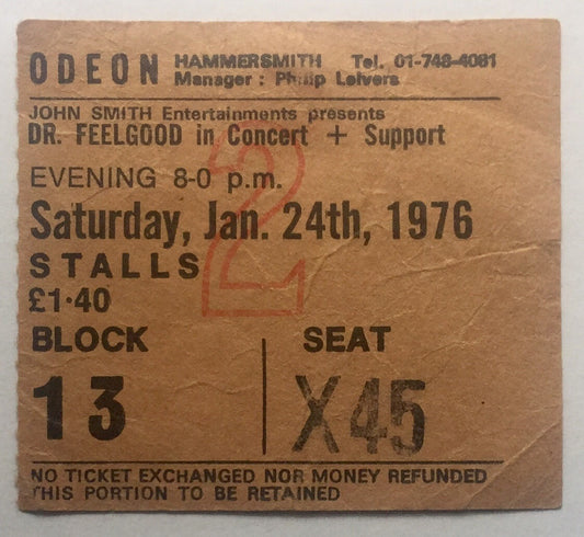 Dr Feelgood Original Used Concert Ticket Hammersmith Odeon London 24th Jan 1976