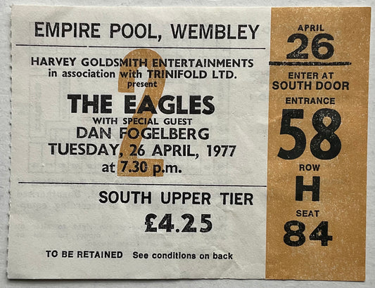 Eagles Original Used Concert Ticket Empire Pool Wembley London 26th Apr 1977