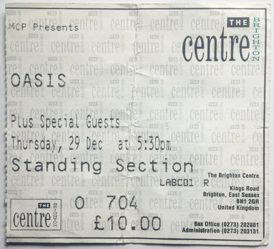 Oasis Original Used Concert Ticket The Brighton Centre 29th Dec 1994