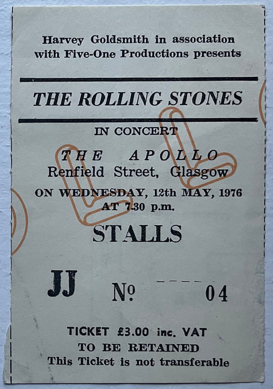 Rolling Stones Original Concert Ticket Apollo Theatre Glasgow 12th May 1976