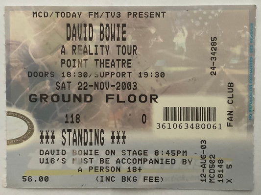 David Bowie Original Used Concert Ticket Point Theatre Dublin 22nd Nov 2003