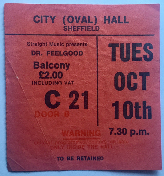 Dr Feelgood Original Used Concert Ticket City Hall Sheffield 10th Oct 1978