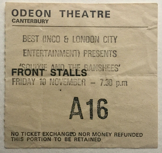 Siouxsie & The Banshees Original Concert Ticket Odeon Theatre Canterbury 10th Nov 1978