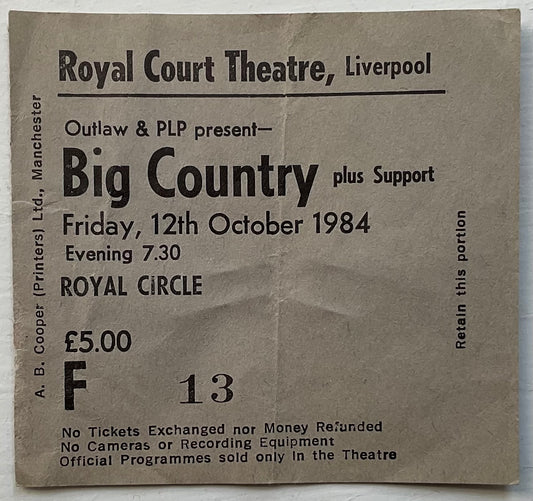 Big Country Original Used Concert Ticket Royal Court Theatre Liverpool 12th Oct 1984