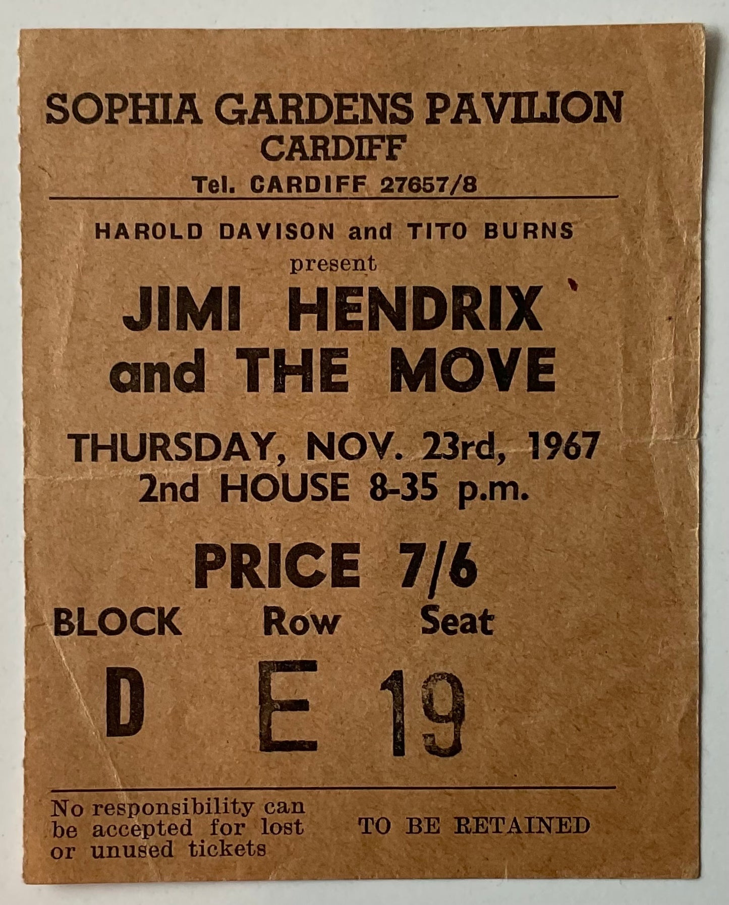 Jimi Hendrix Pink Floyd Original Used Concert Ticket Sophia Gardens Pavilion Cardiff 23rd Nov 1967