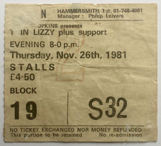 Thin Lizzy Original Used Concert Ticket Hammersmith Odeon London 26th Nov 1981