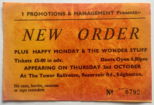 New Order Original Used Concert Ticket Tower Ballroom Edgbaston 2nd Oct 1986
