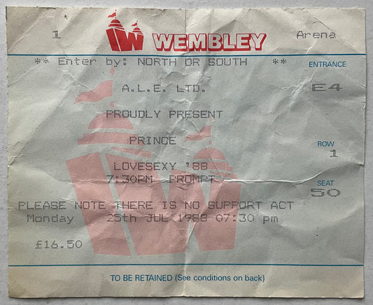 Prince Original Used Concert Ticket Wembley Arena London 25th July 1988
