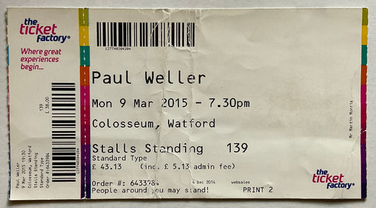 Paul Weller Used Concert Ticket Colosseum Watford 9th Mar 2015