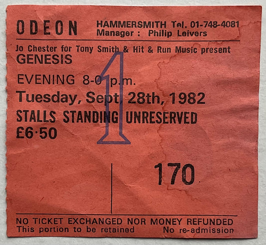 Genesis Original Used Concert Ticket Hammersmith Odeon London 28th Sept 1982