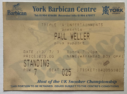 Paul Weller Original Used Concert Ticket Barbican Centre York 13th July 2003