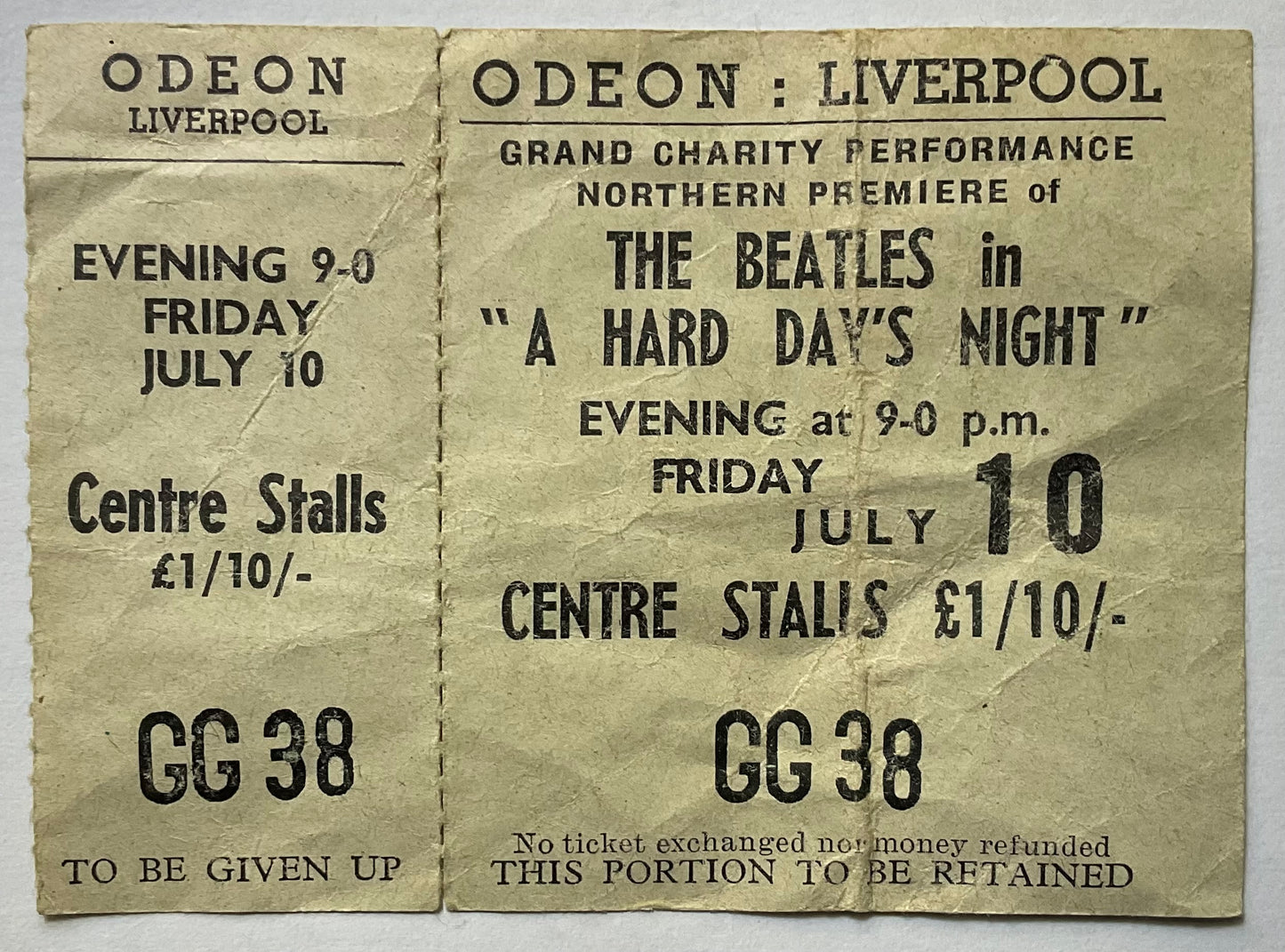 Beatles Original Unused A Hard Day’s Night Northern Premiere Ticket Liverpool 1964
