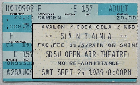 Santana Original Used Concert Ticket San Diego State University 2nd Sep 1989