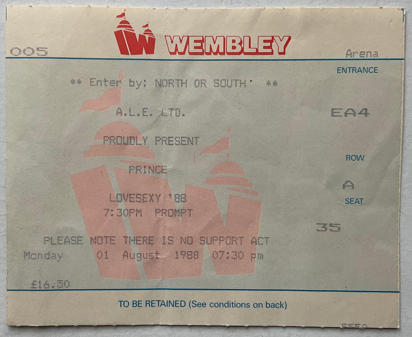 Prince Original Used Concert Ticket Wembley Arena London 1st Aug 1988