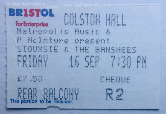 Siouxsie & the Banshees Original Used Concert Ticket Colston Hall Bristol 16th Sept 1988