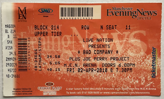Bad Company Original Unused Concert Ticket MEN Arena Manchester 2nd Apr 2010