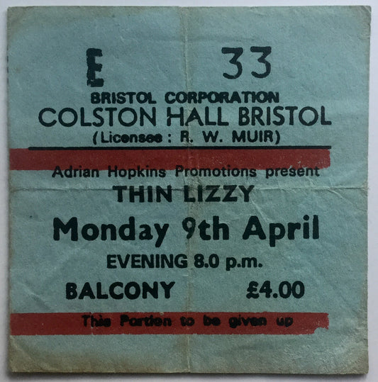 Thin Lizzy Original Used Concert Ticket Colston Hall Bristol 9th Apr 1979