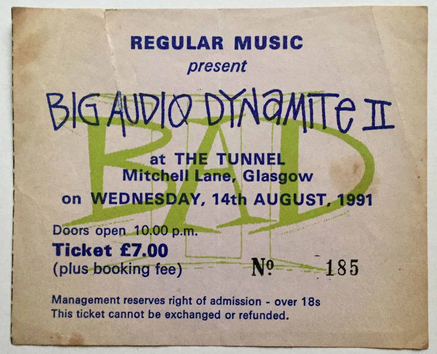 Big Audio Dynamite Original Used Concert Ticket The Tunnel Glasgow 14th Aug 1991