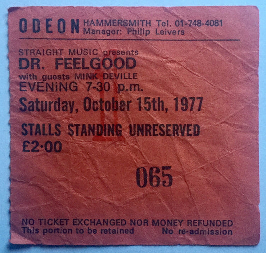 Dr Feelgood Original Used Concert Ticket Hammersmith Odeon London 15th Oct 1977