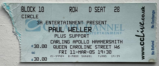 Paul Weller Original Concert Ticket Hammersmith Apollo London 11th Mar 2005