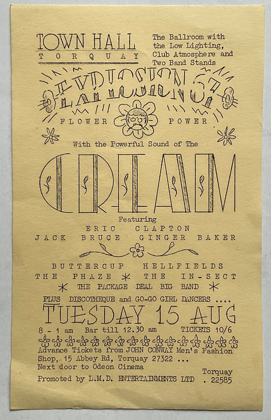 Cream Eric Clapton Original Concert Handbill Flyer Town Hall Torquay 15th Aug 1967