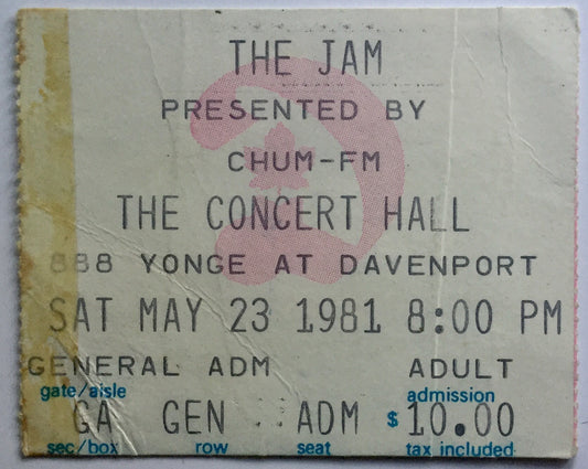 Jam Original Used Concert Ticket Masonic Concert Hall Toronto 23rd May 1981