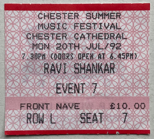 Ravi Shankar Original Used Concert Ticket Chester Cathedral 20th Jul 1992