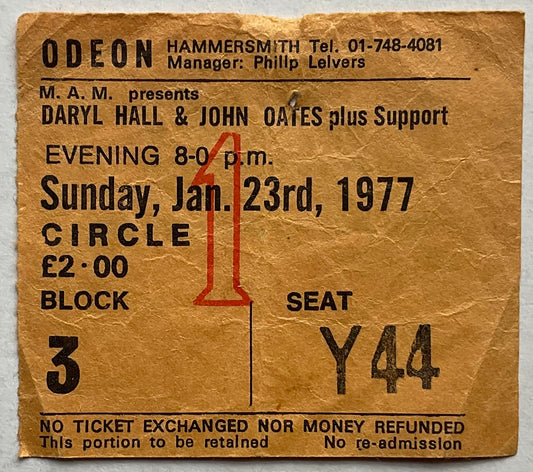 Daryl Hall John Oates Original Used Concert Ticket Hammersmith Odeon London 23rd Jan 1977