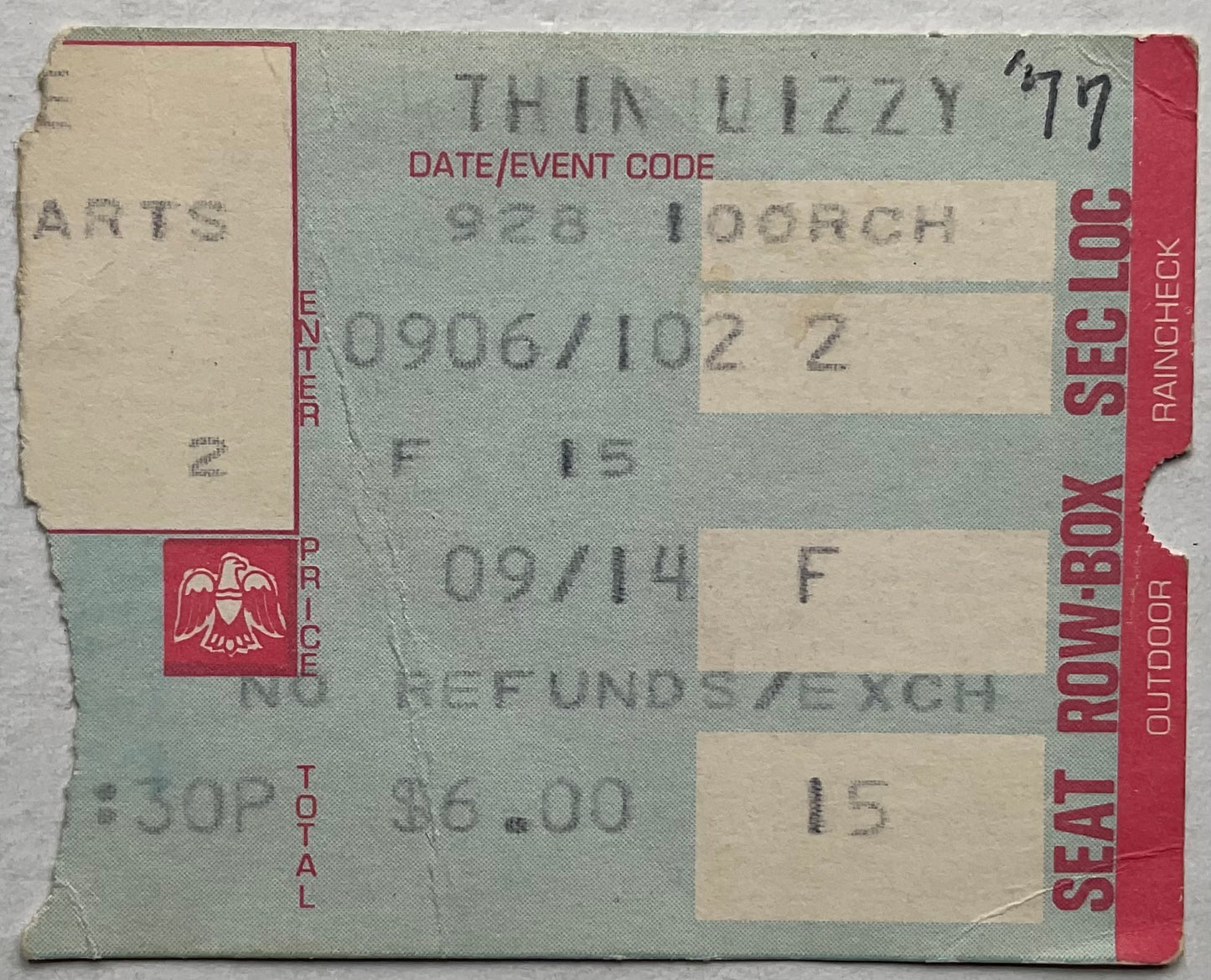 Thin Lizzy Original Original Used Concert Ticket Aladdin Theatre Las Vegas 28th Sep 1977