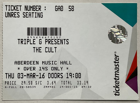 Cult Original Used Concert Ticket Music Hall Aberdeen 3rd Mar 2016