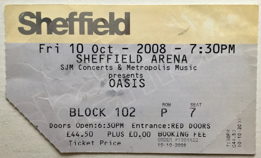 Oasis Original Used Concert Ticket Sheffield Arena 10th Oct 2008