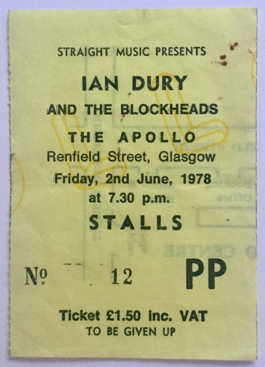 Ian Dury & the Blockheads Original Used Concert Ticket Apollo Theatre Glasgow 2nd June 1978