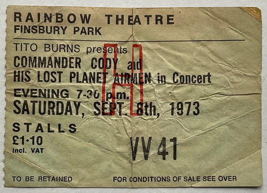 Commander Cody & his Lost Planet Airmen Original Concert Ticket Rainbow Theatre London 8th Sep 1973