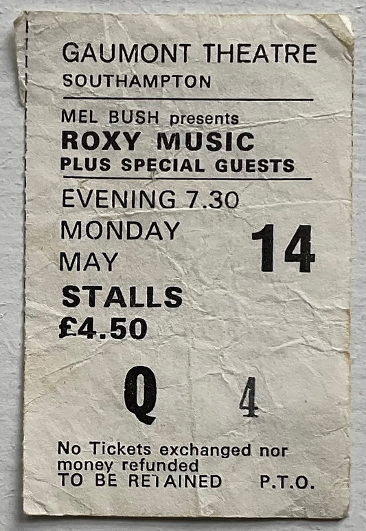 Roxy Music The Tourists Original Used Concert Ticket Gaumont Theatre Southampton 14th May 1979
