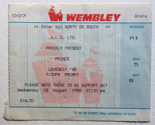 Prince Original Used Concert Ticket Wembley Arena London 3rd Aug 1988