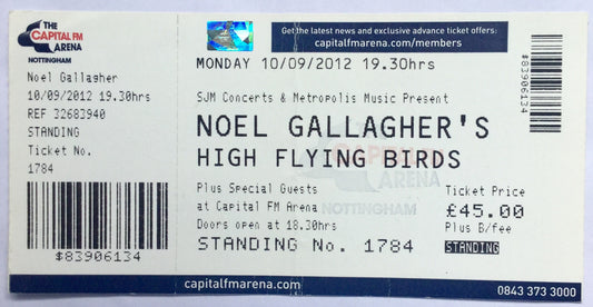 Oasis Noel Gallagher Original Unused Concert Ticket Capital FM Arena Nottingham 10th Sept 2002