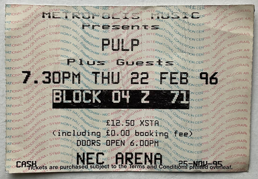 Pulp Original Used Concert Ticket NEC Arena Birmingham 22nd Feb 1996