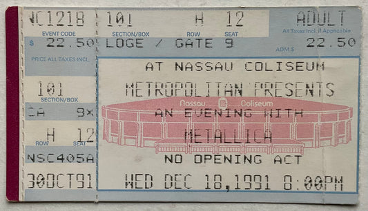 Metallica Original Used Concert Ticket Nassau Coliseum 18th Dec 1991