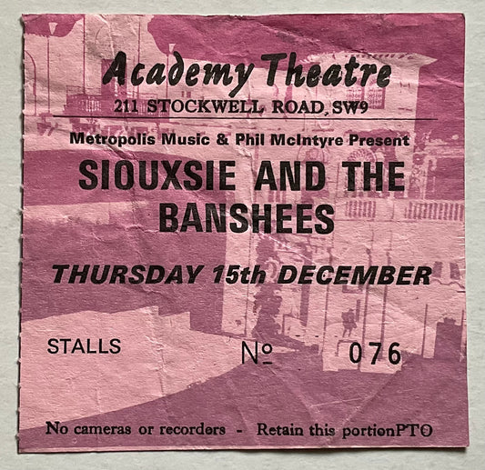 Siouxsie & the Banshees Original Used Concert Ticket Academy Theatre London 15th Dec 1988