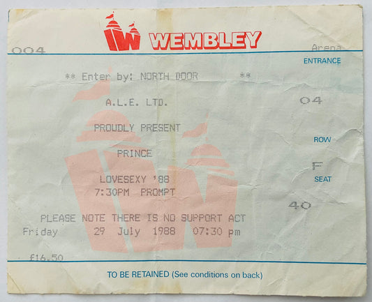 Prince Original Used Concert Ticket Wembley Arena London 29th July 1988