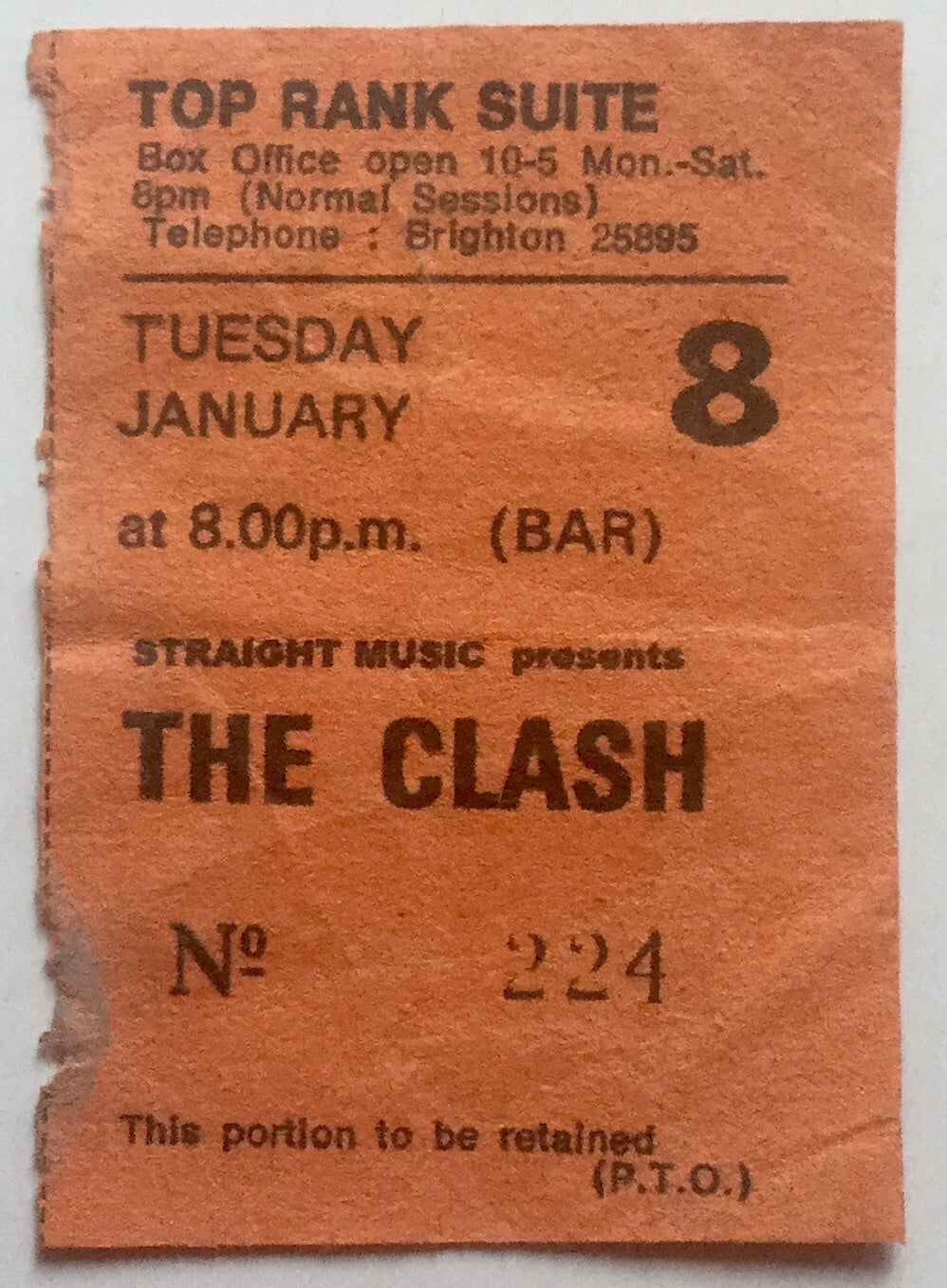 Clash Original Used Concert Ticket Top Rank Suite Brighton 8th Jan 1980
