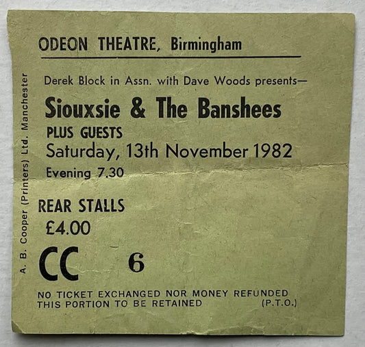 Siouxsie and the Banshees Original Used Concert Ticket Odeon Theatre Birmingham 13th Nov 1982