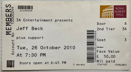 Jeff Beck Original Used Concert Ticket Royal Albert Hall London 26th Oct 2010