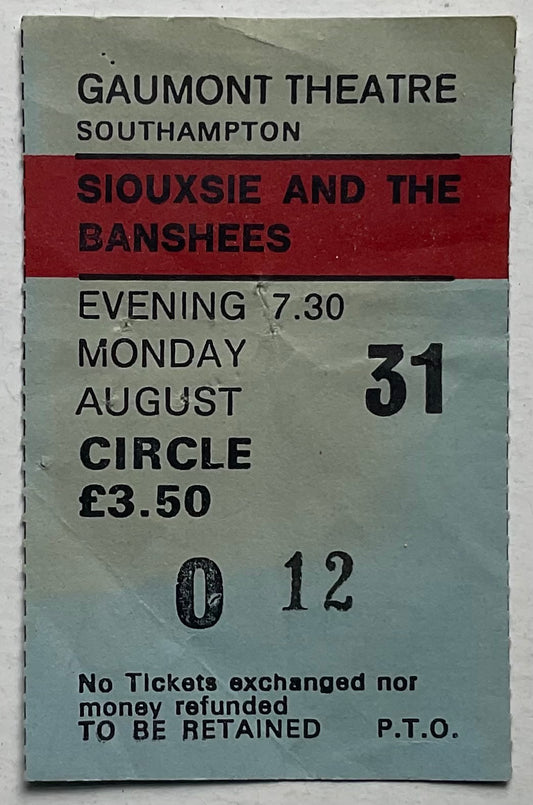 Siouxsie & the Banshees Original Used Concert Ticket Gaumont Theatre Southampton 31st Aug 1981