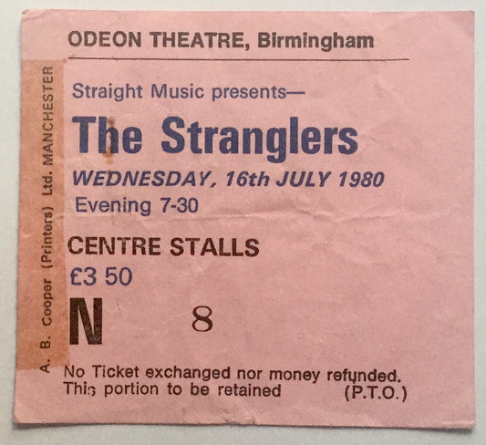 Stranglers Original Used Concert Ticket Odeon Theatre Birmingham 16th July 1980