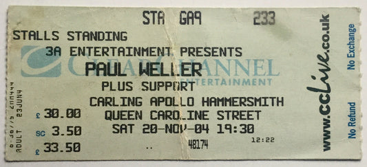 Paul Weller Original Used Concert Ticket Carling Apollo Hammersmith London 20th Nov 2004
