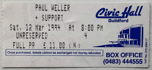 Paul Weller Original Used Concert Ticket Civic Hall Guildford 12th Mar 1994