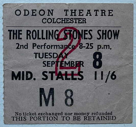 Rolling Stones Original Used Concert Ticket Odeon Theatre Colchester 8th September 1964